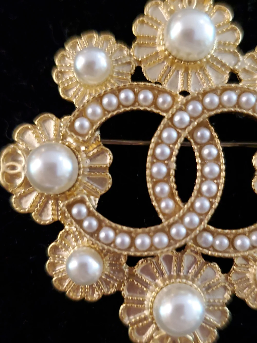 Chanel Gold Pearl Floral Logo Brooch -